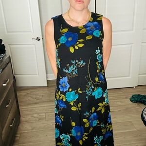 Chic Black Midi Dress with Blue Floral Design